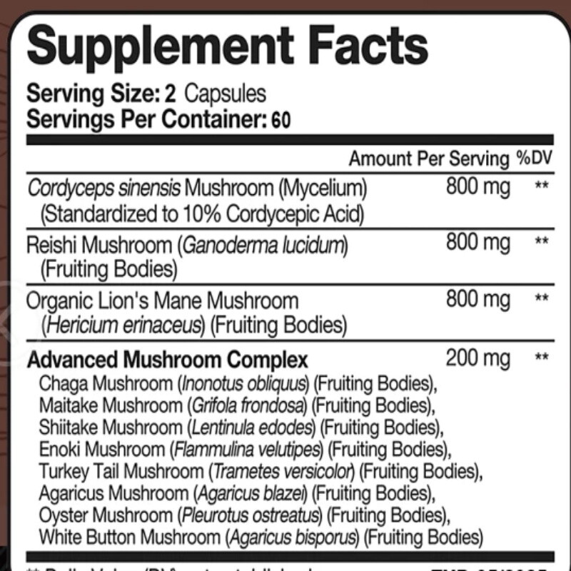 Organic Mushroom Complex Supplement with Lions Mane 30/60/120Capsules
