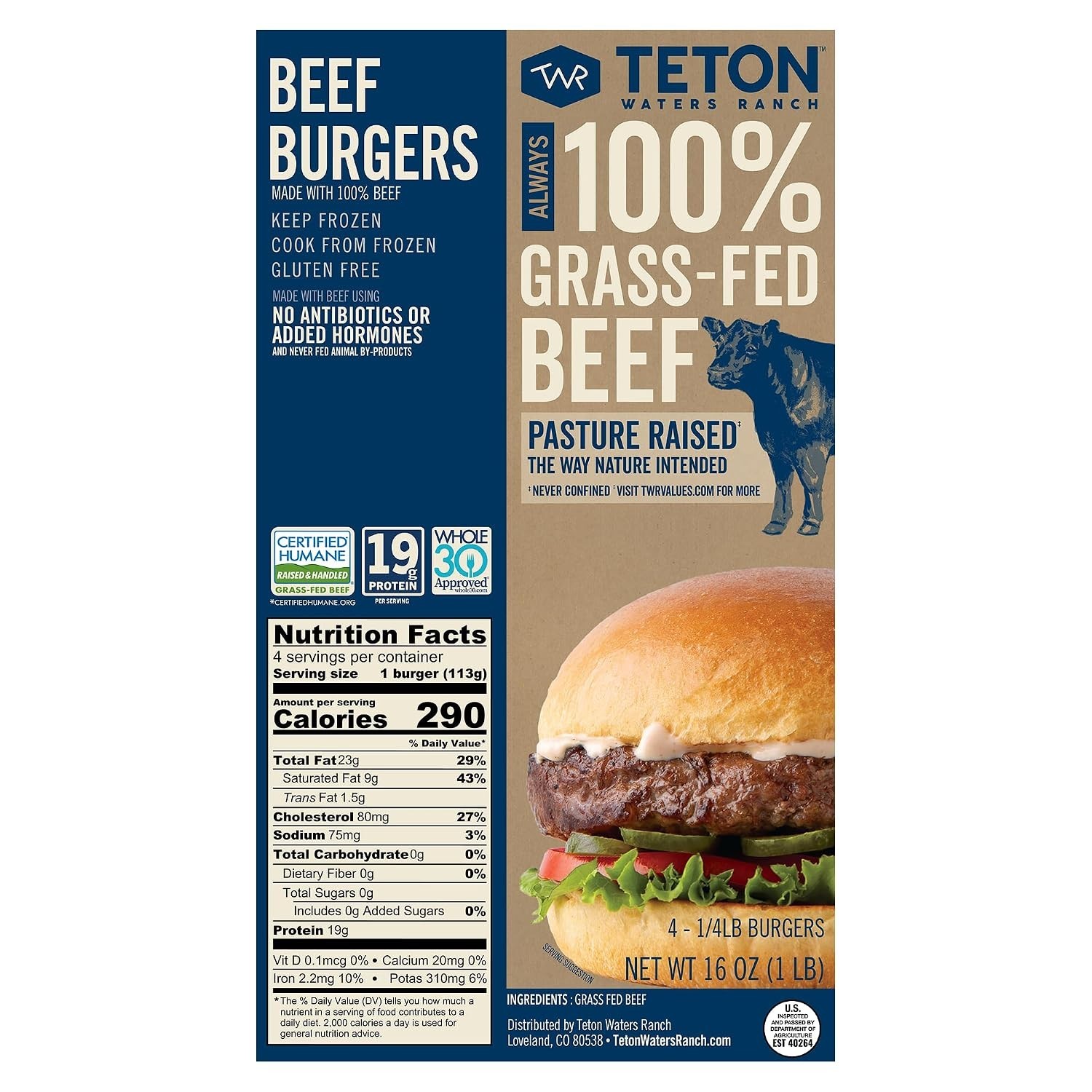 Convenient 100% Grass-Fed Beef Burgers, Frozen, Gluten Free, 4 Patties, 16 oz