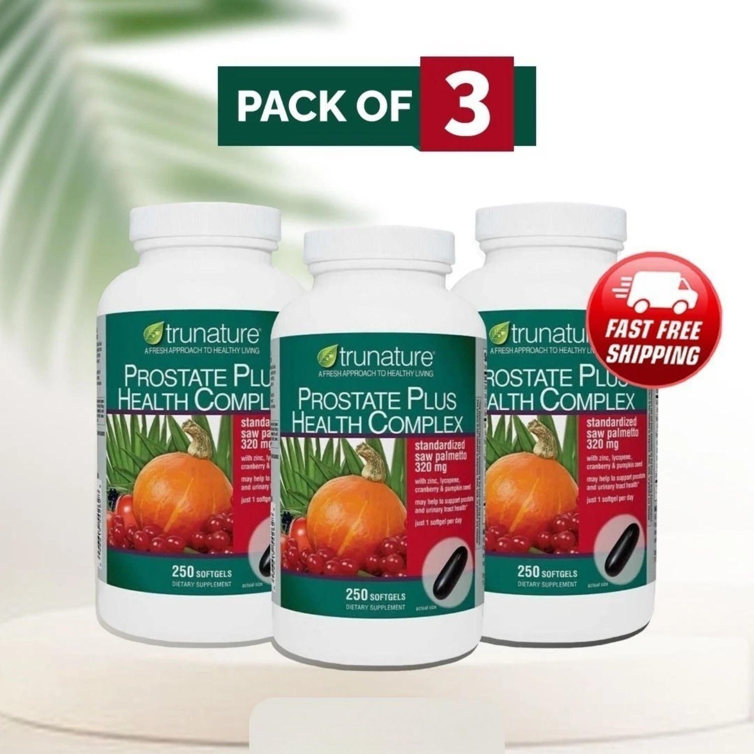pack of 3-trunature Prostate Plus Health Complex, 250 Softgels with Saw Palmento