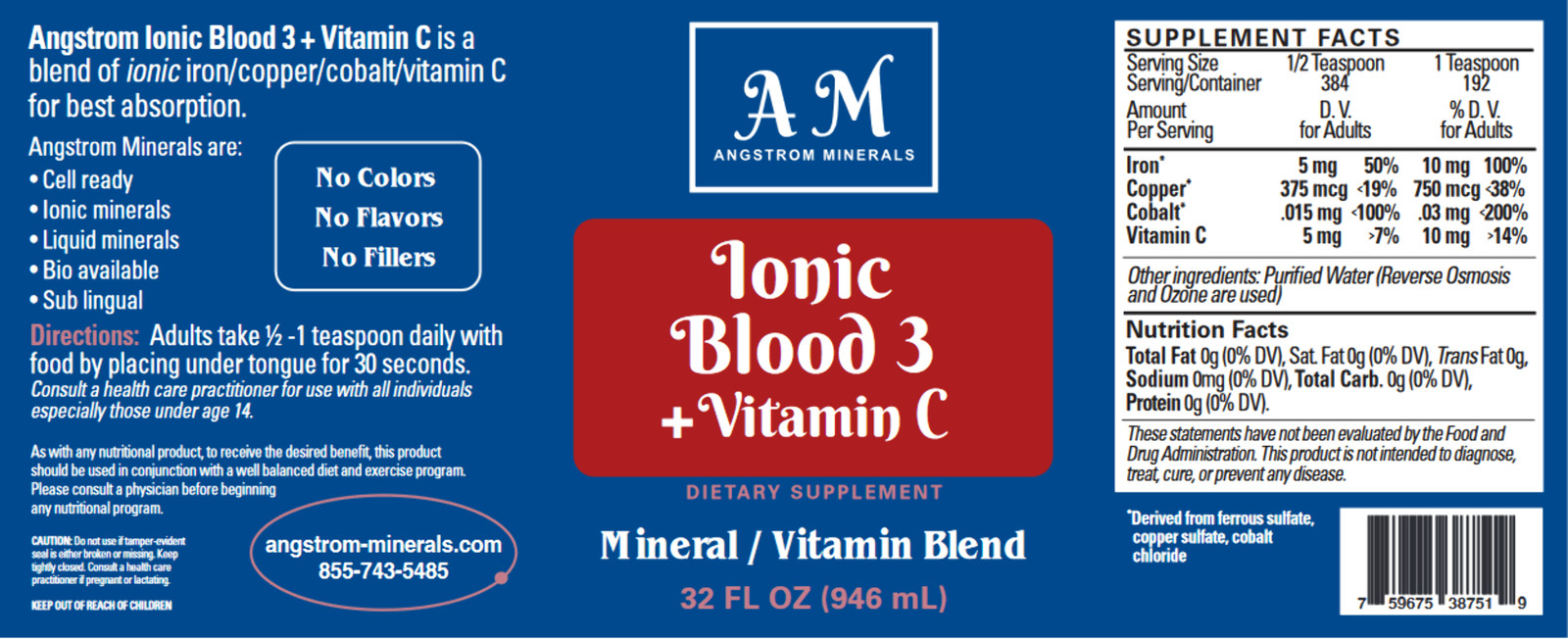 32 oz Blood 3 + Vitamin C Supplement by Angstrom Minerals