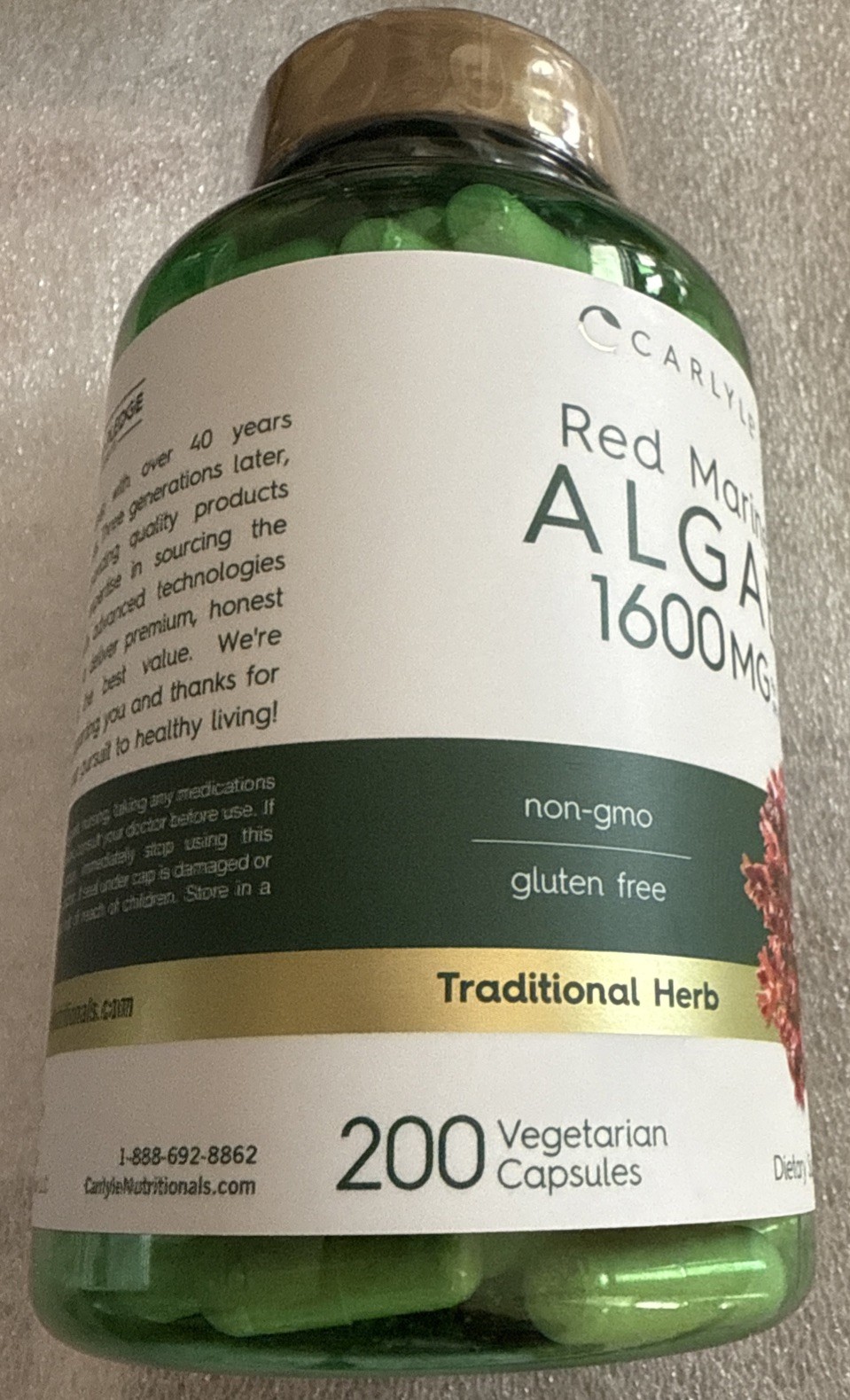CARLYLE. RED MARINE ALGAE 1,600 MG 200 Capsules Exp 10/27- Gluten Free Non GMO