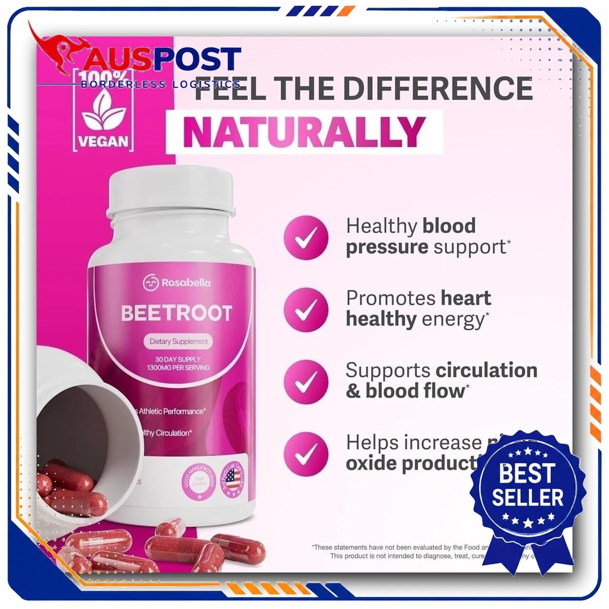 Rosabella Beet Root Powder Capsules 1300mg Supports Blood Pressure 3-Pack