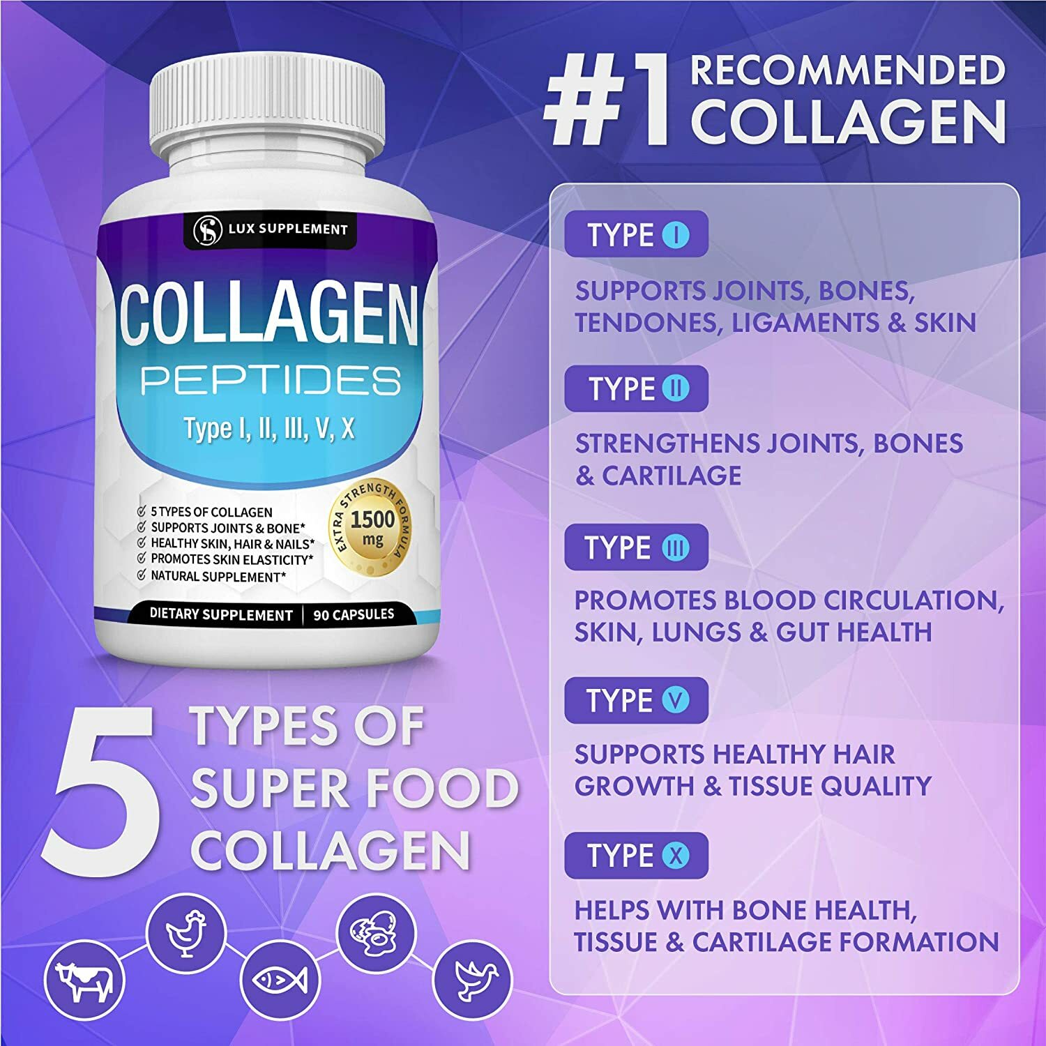 Premium Collagen Peptides 1500 MG Hydrolyzed Anti-Aging (Types I,II,III,V,X)
