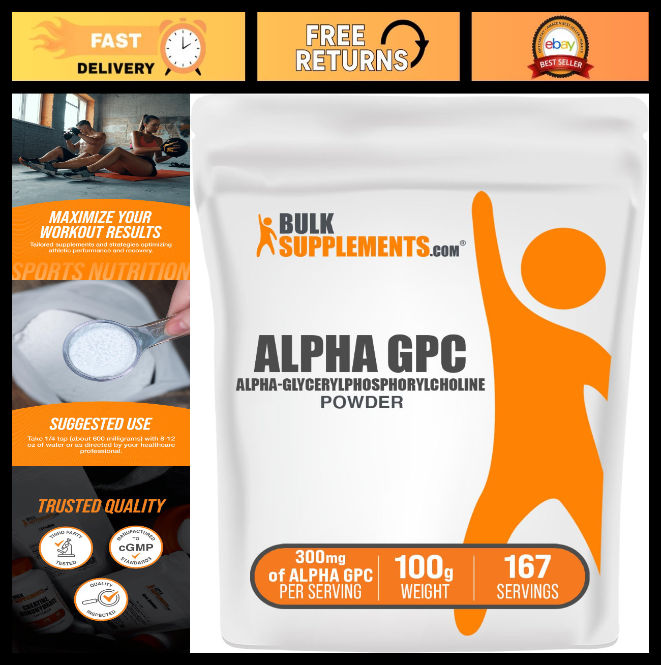 Alpha GPC Powder 300mg – Choline Supplement, Unflavored, Gluten-Free, 100g