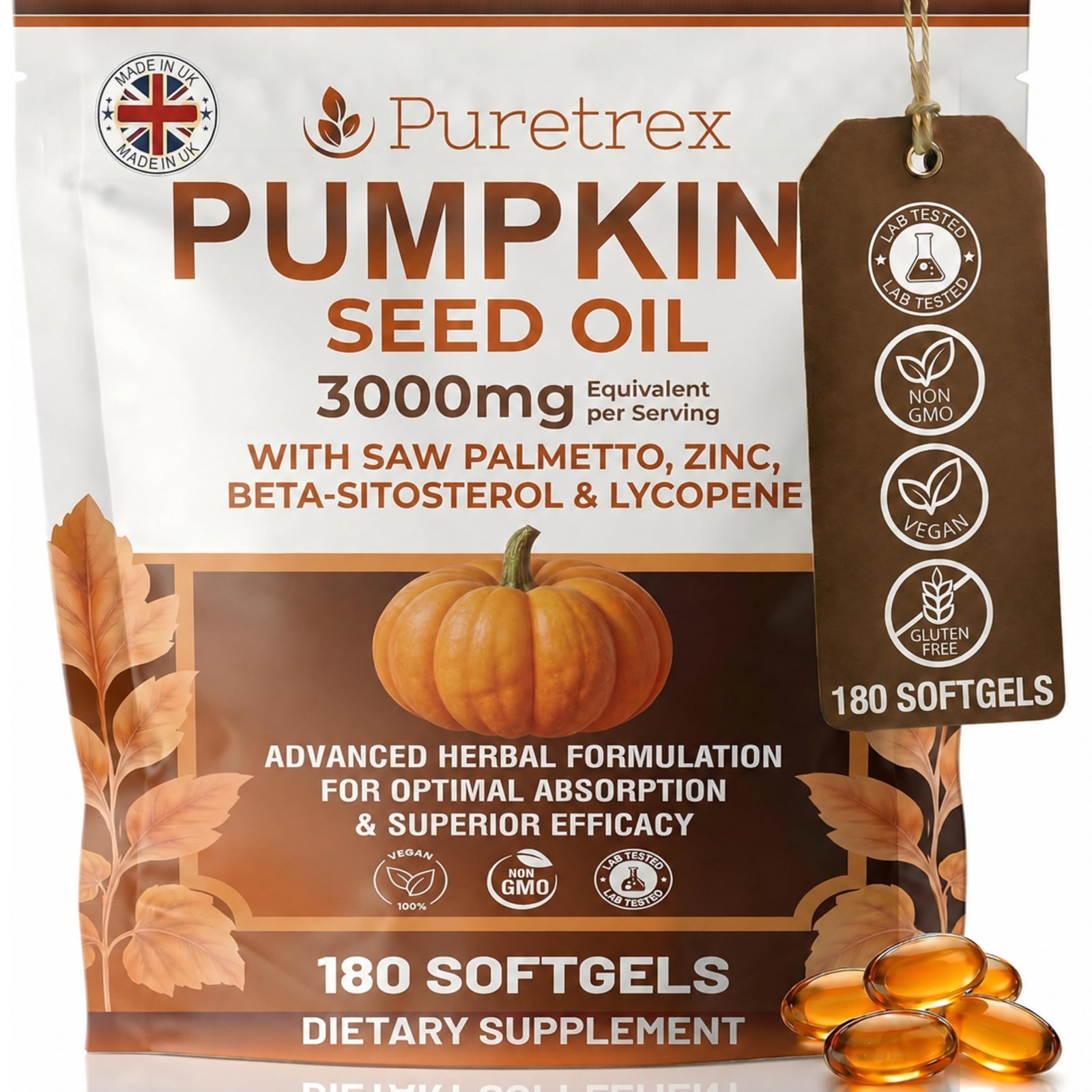 Pumpkin Seed Oil 3000mg with Saw Palmetto & Beta-Sitosterol for Prostate Health,