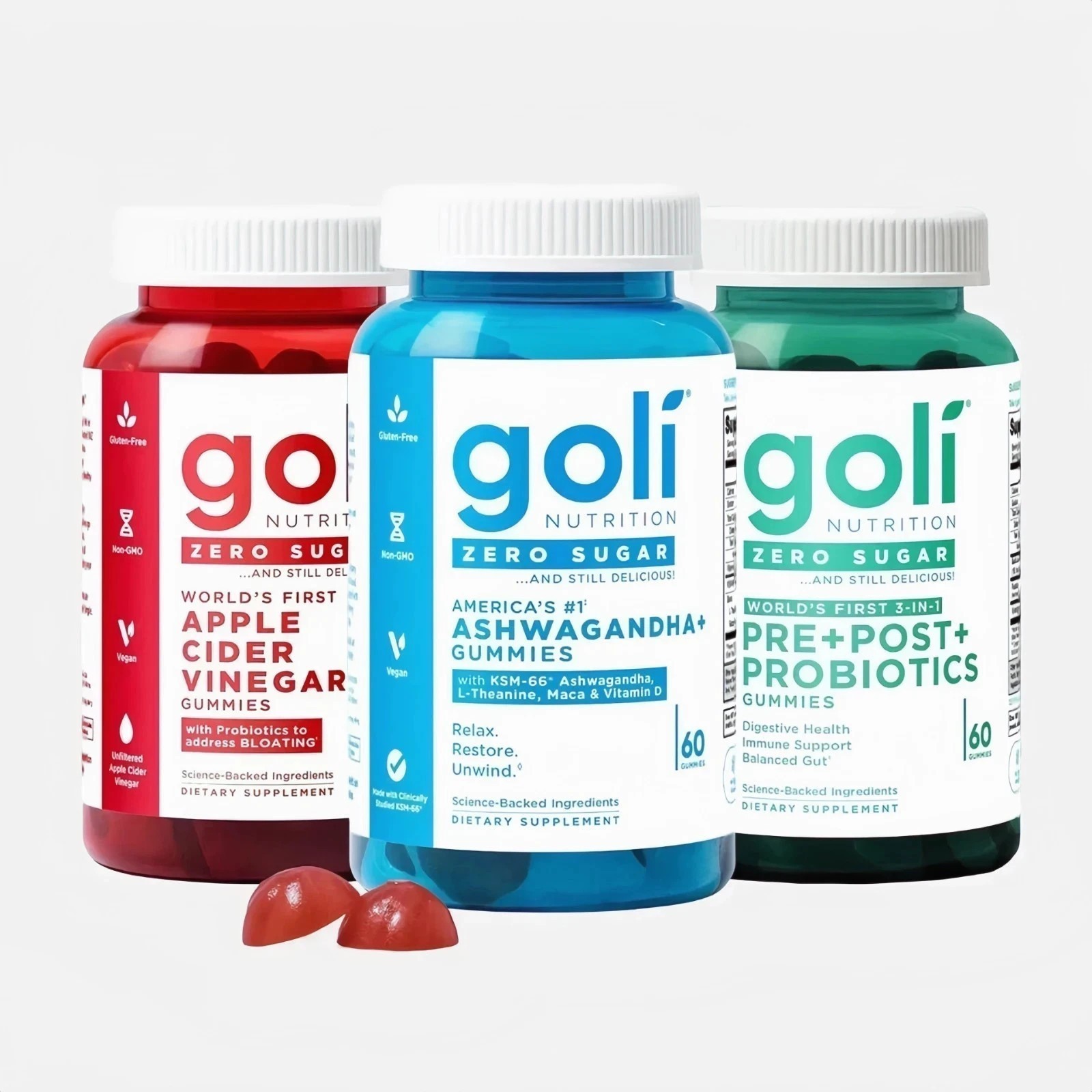 NEW 3 Bottles Goli Zero Sugar Best Seller Trio Set Gummies, 60 Counts Per Bottle