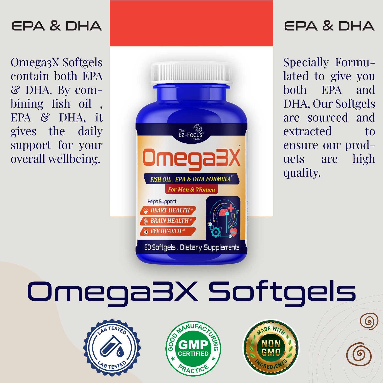 Adult Brain Booster Omega 3 Fish Oil Nootropic Brain Supplement Memory Focus 60