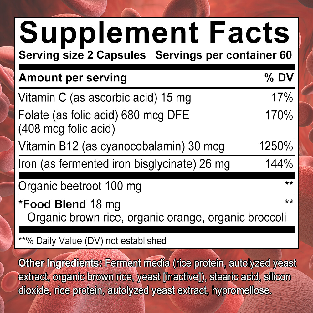 Blood Circulation Supplement 30/60/120 Capsules With Beetroot, Iron & B12