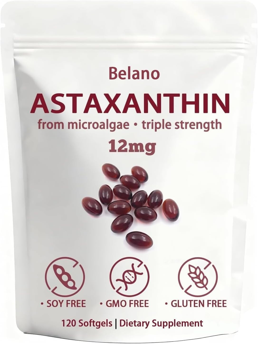 Astaxanthin 12mg – Non-GMO, Gluten Free, Easy to Swallow – 120 Softgels, 4 Month