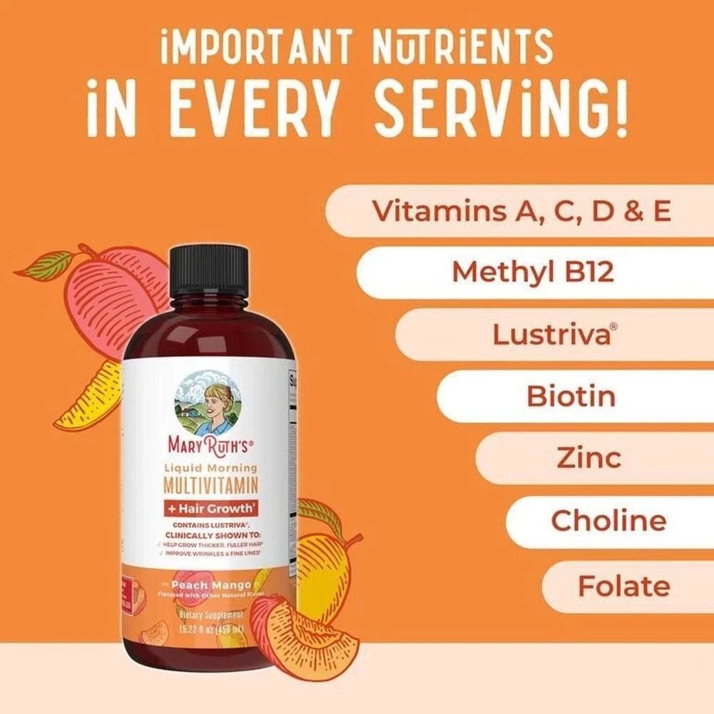 MARYRUTH’S Liquid Morning Multivitamin + Hair Growth, Peach Mango, 30oz. Ex.7/27