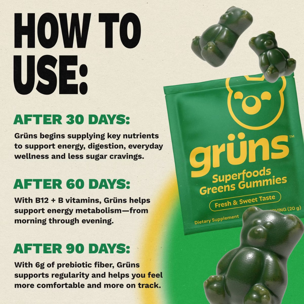 Gruns Adult Sugar Free Superfoods Greens Gummies – 240g/12 Servings