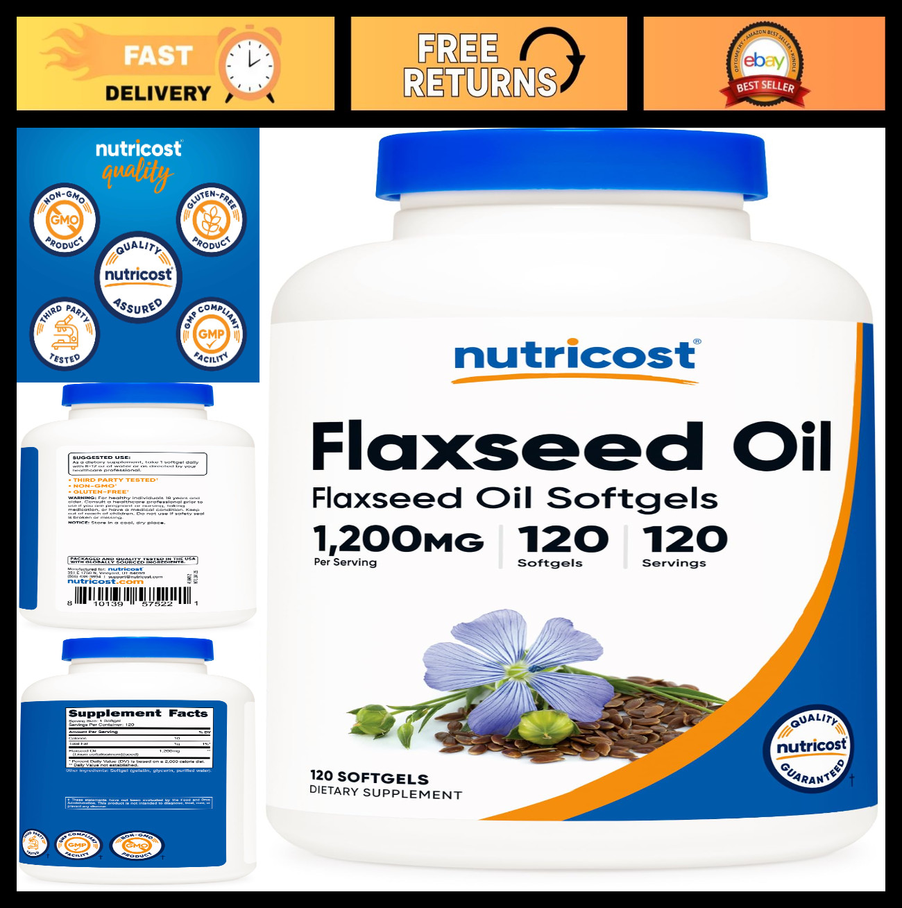 Flaxseed Oil 1200mg Softgels – Non-GMO, Gluten-Free, Omega-3 Rich, 120 Count