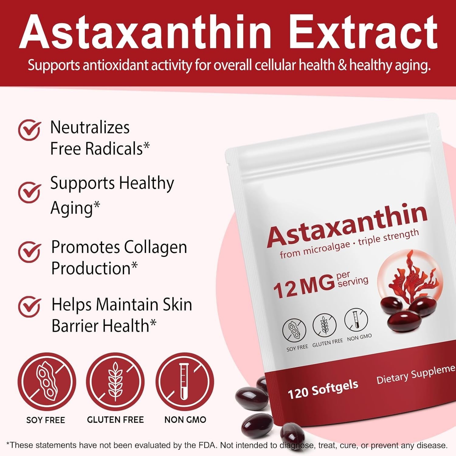 Astaxanthin 12mg – Antioxidant, Supports Eye, Joint, Skin Health, Immune Support