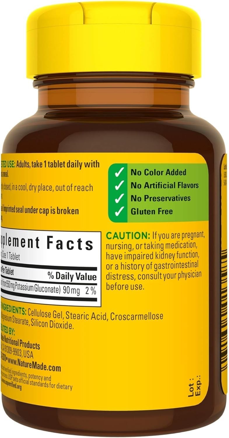 Nature Made Potassium Gluconate 550mg, 100 100 Count (Pack of 1), No Color