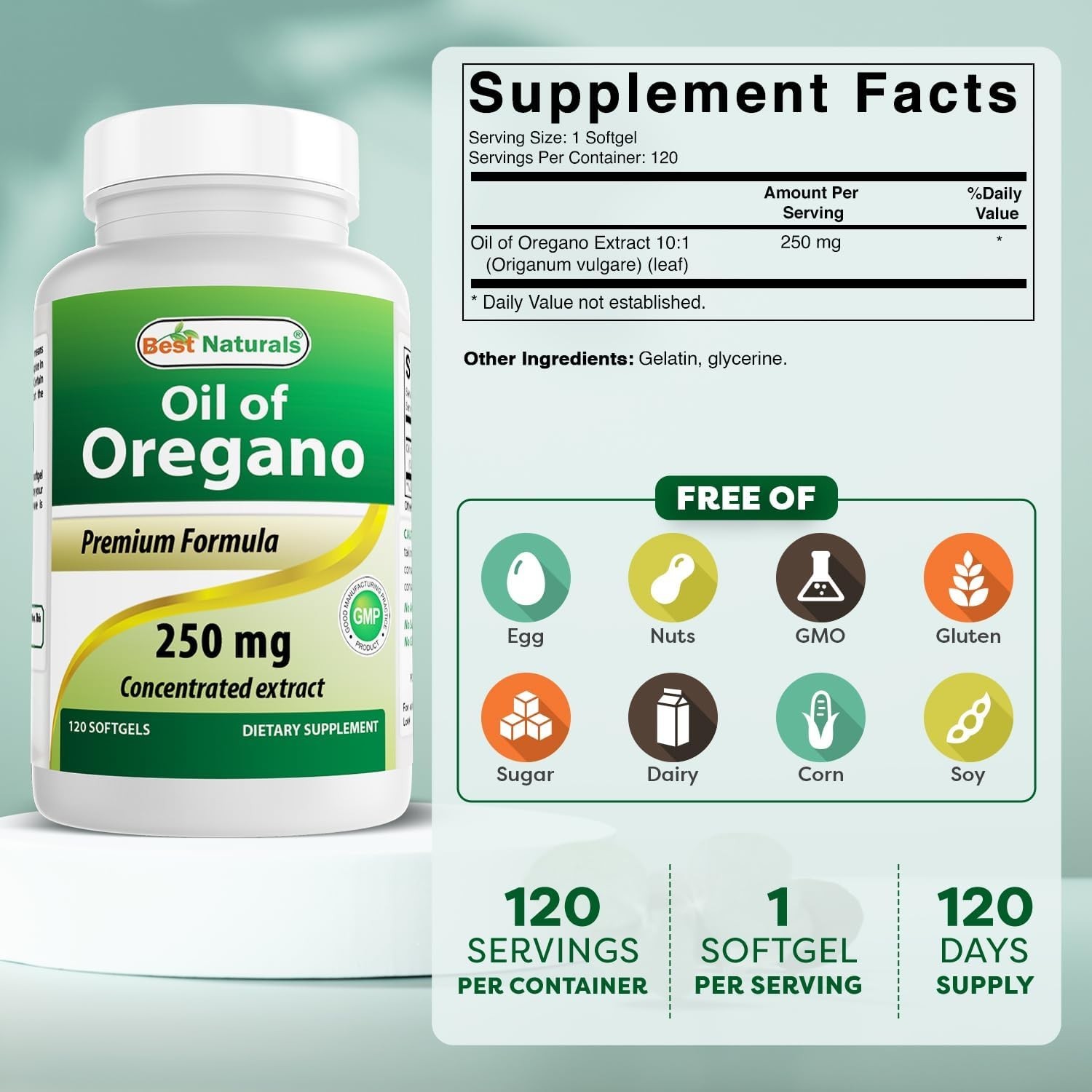 120 Count Oregano Oil 250 Mg Softgels – Gluten Free, All Natural Ingredients