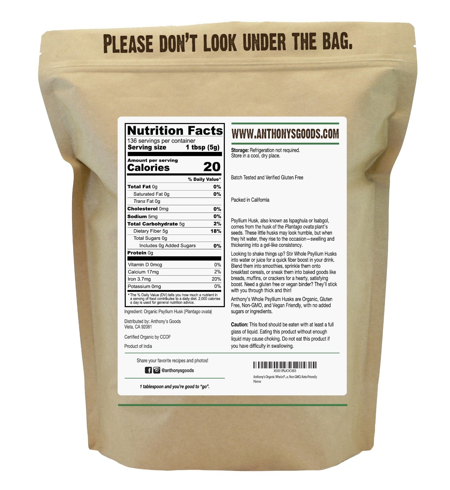 Organic Whole Psyllium Husks 1.5 lb – Dietary Fiber, Gluten Free, Non-GMO, Keto
