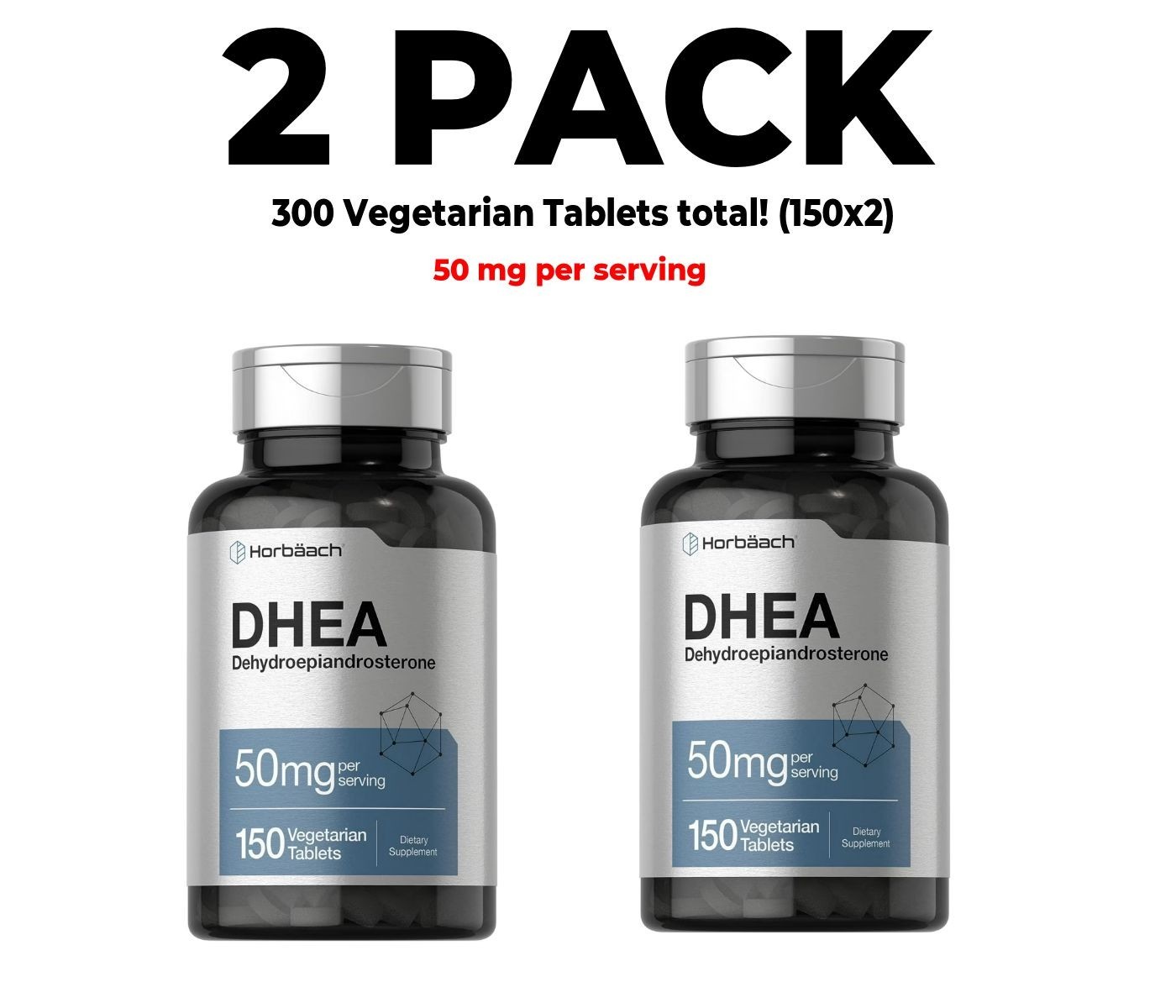 Horbaach 50 mg, 2 PACK, 150 Vegetarian caps (300 total), Non-GMO, Gluten Free