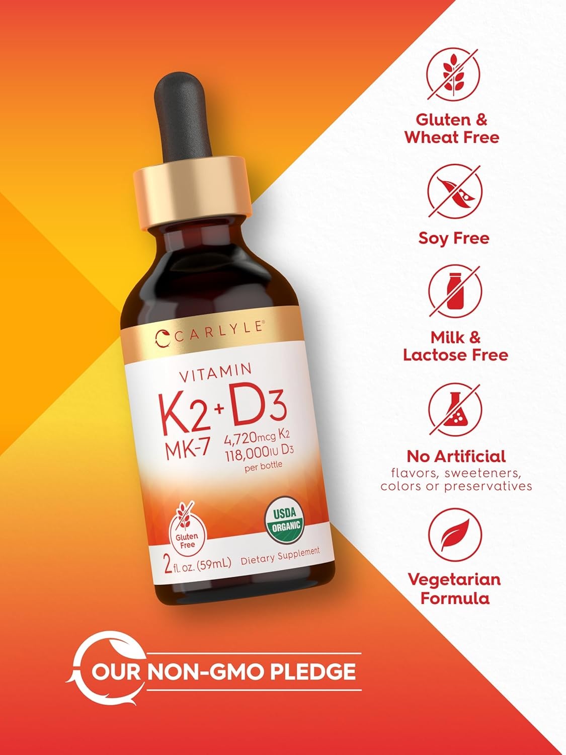 Vitamin D3 K2 MK7 Liquid Drops | 2 Fl Oz | Vegetarian, Non-GMO | by Carlyle
