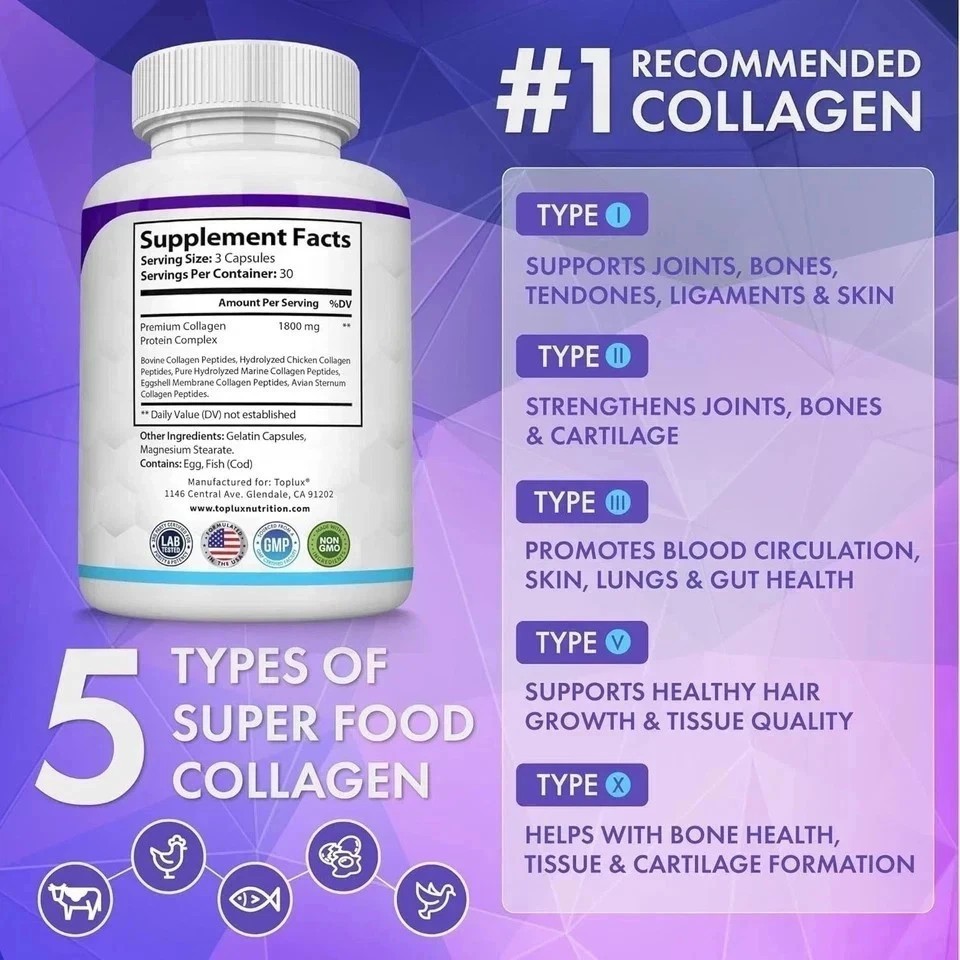 Premium Collagen Peptides🔥 1800 MG Hydrolyzed Anti-Aging (Types I,II,III,V,X)+