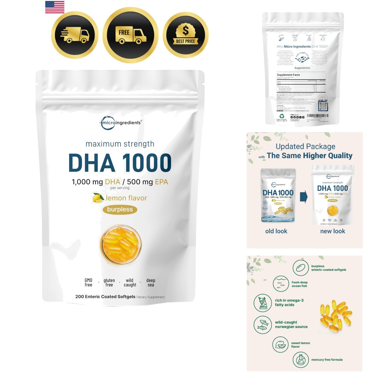 Omega 3 Fish Oil DHA Supplements 1000mg with EPA 500mg, 200 Softgels – Lemon …