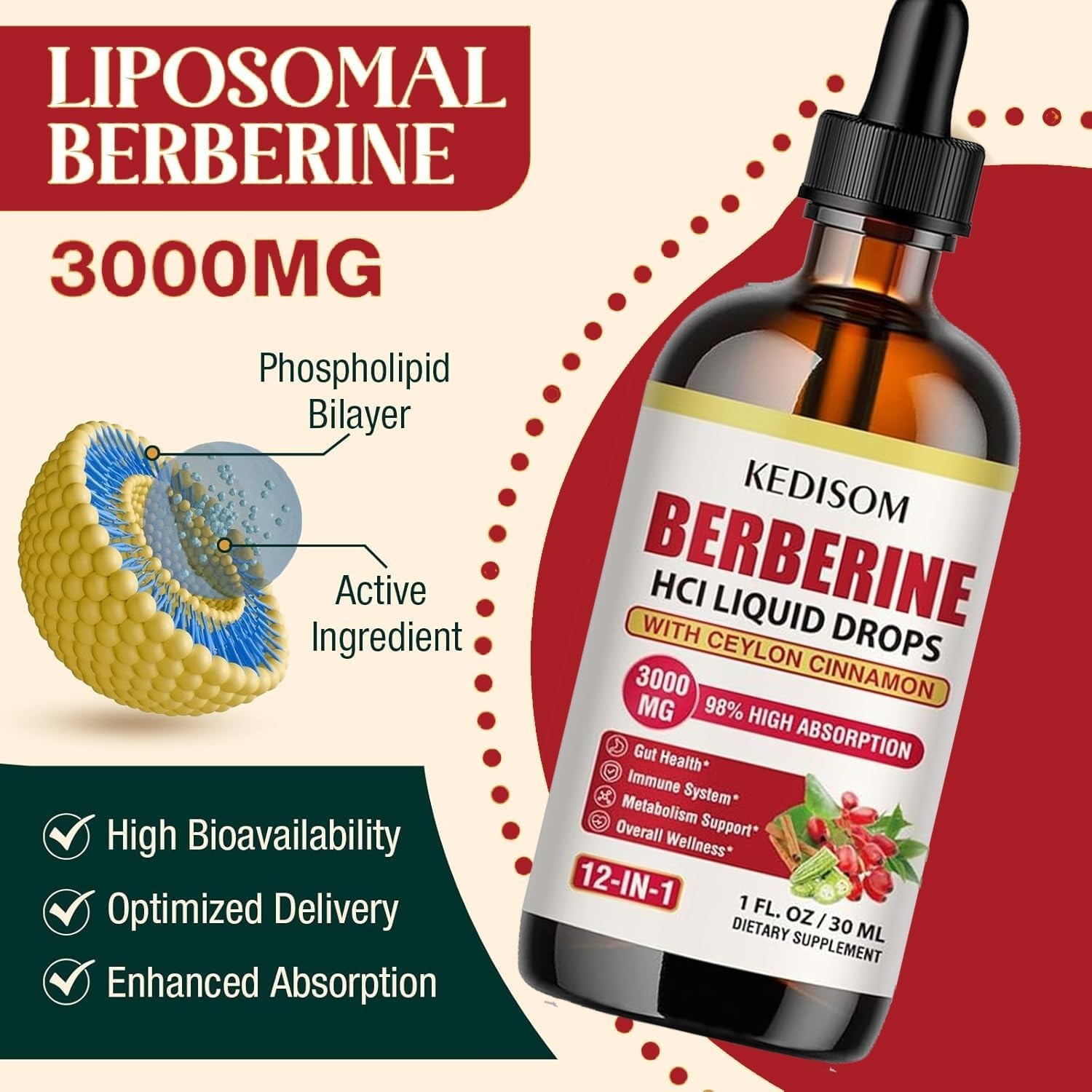 Natural Berberine Drops – 12-in-1 Wellness Support, Convenient 1 Fl Oz Bottle