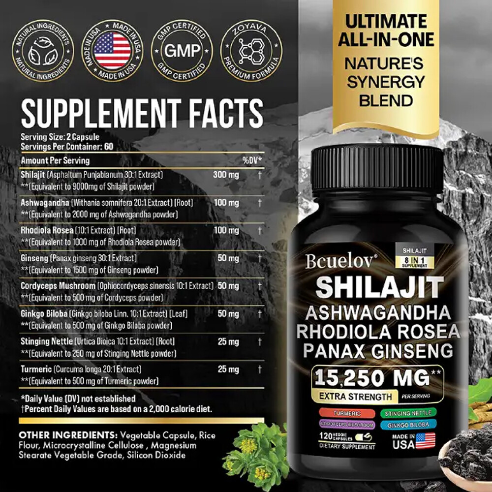 Shilajit Pure Himalaya 9000mg Energy Booster Ashwagandha 2000mg 30/60/120 Caps