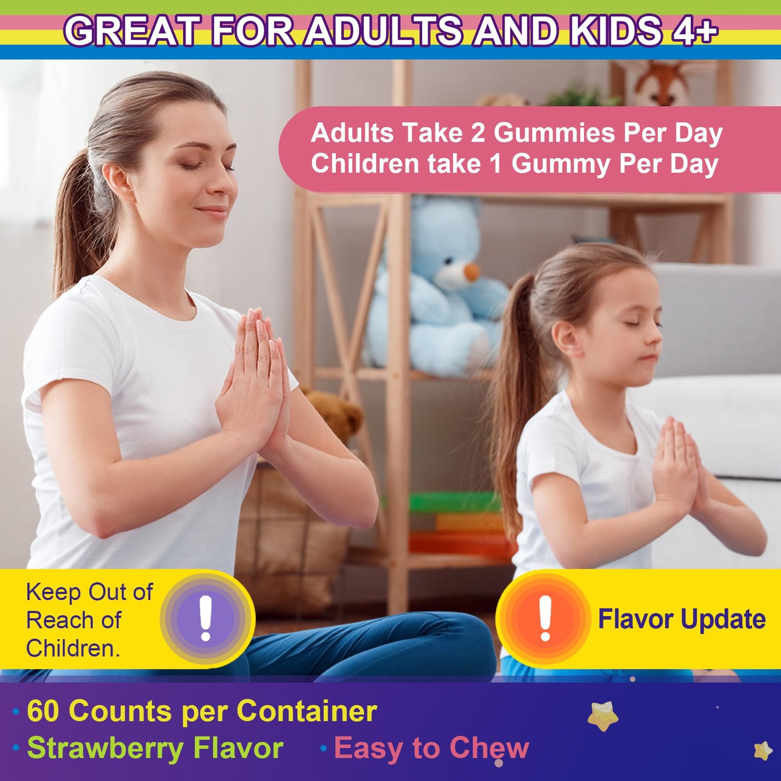Magnesium Glycinate Gummies for Adults & Kids 4+, Sugar 60 Count (Pack of 1)