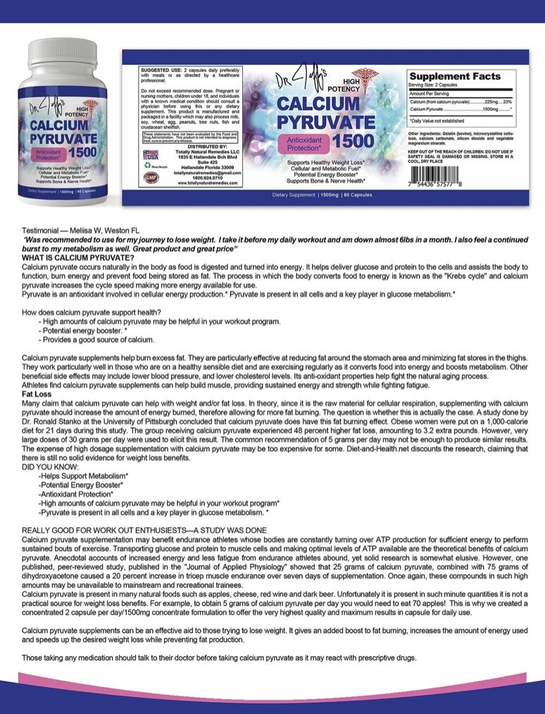 Calcium Pyruvate 1500mg Weight Loss 60 Caps Fat Burn High Potency Fast Shipping