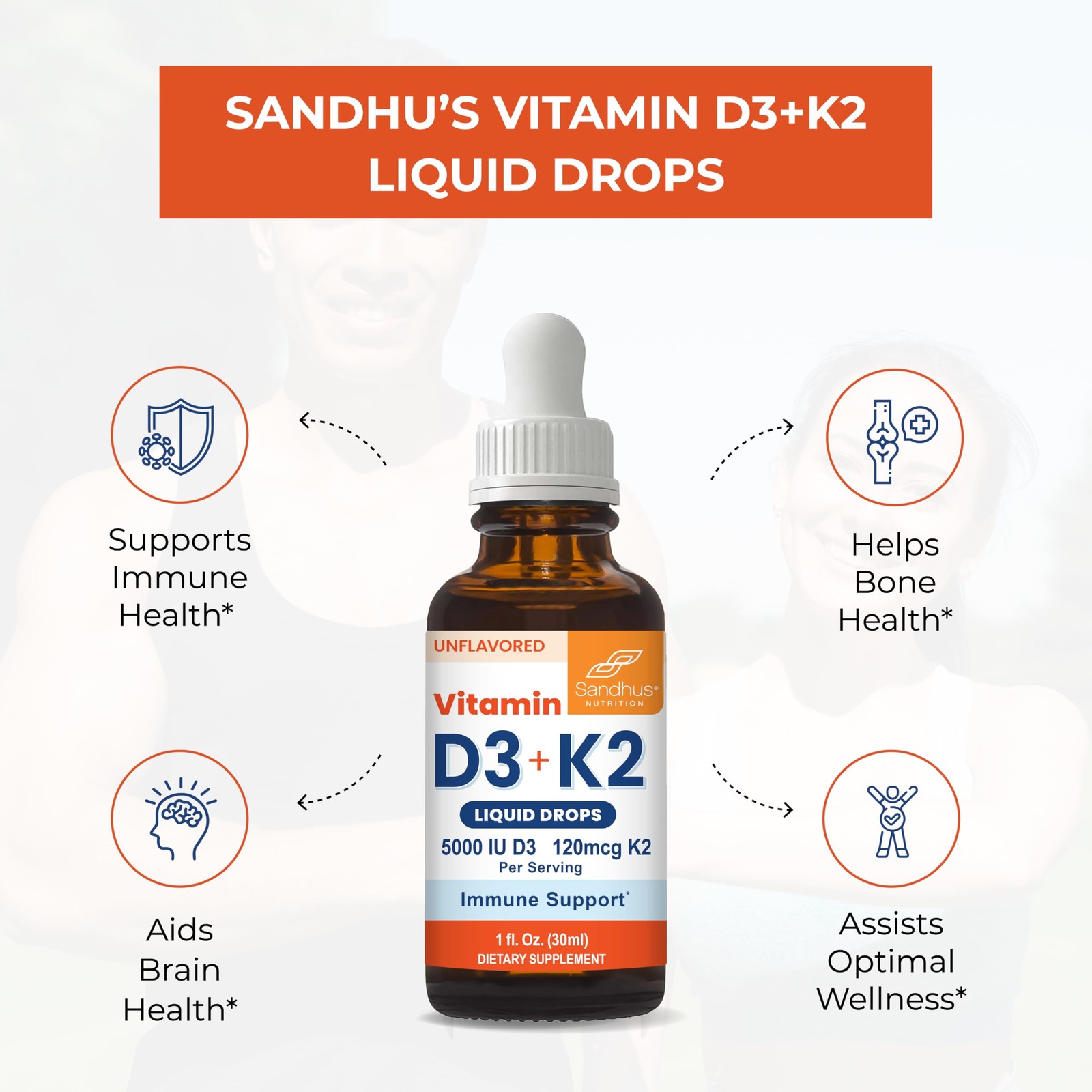 Sandhu’s Vitamin D3 K2 Drops for Adults | 5000 IU 1 Fl Oz (Pack of 1)