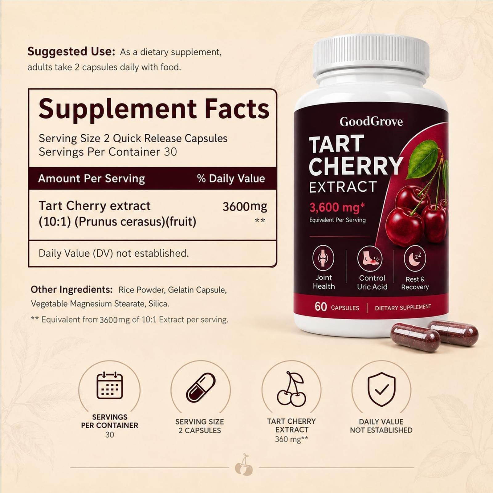 2Pcs Good Grove Tart Cherry Extract,Goodgrove Tart Cherry Cold Extracted,60Ct