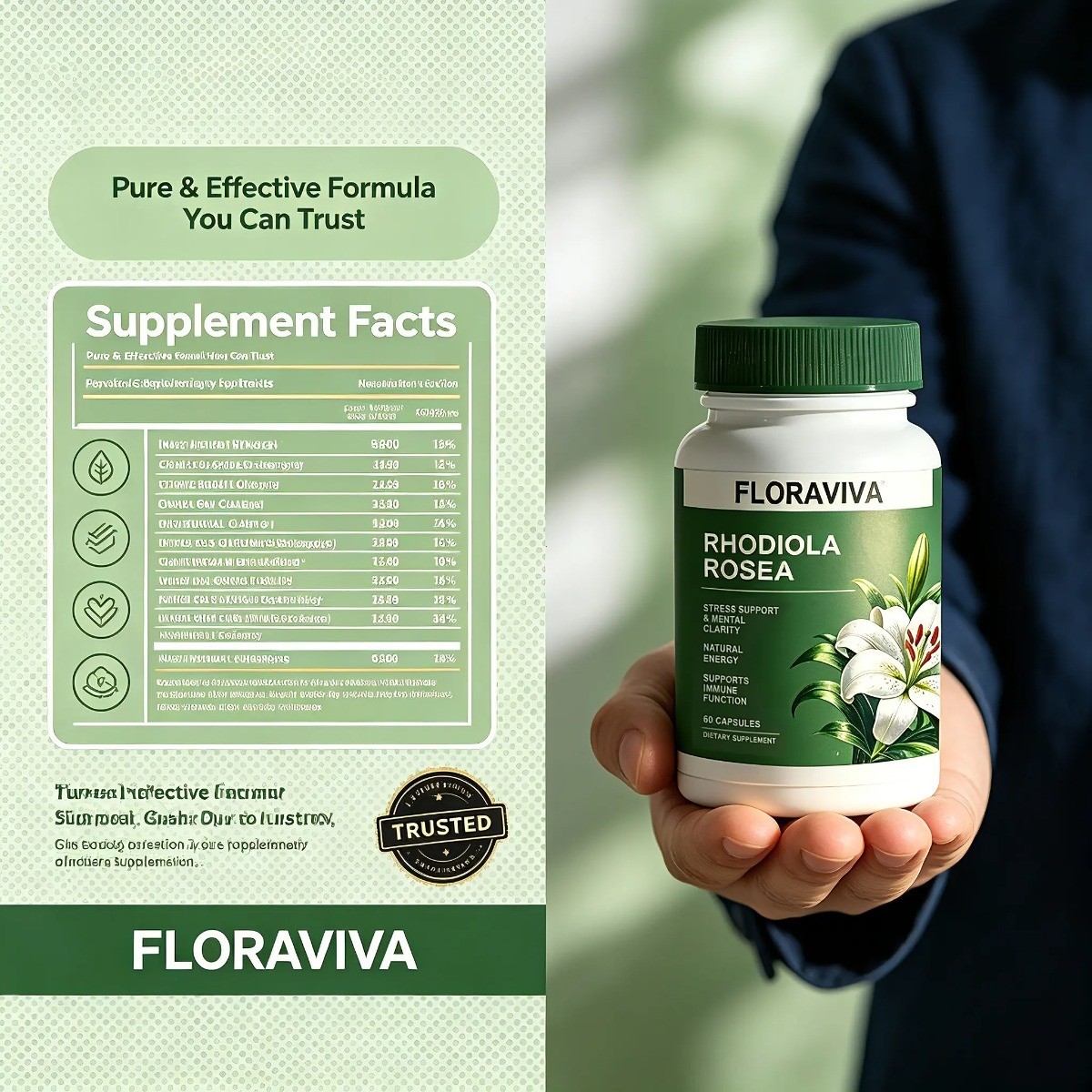 Floraviva Rhodiola Rosea Capsules Stress Relief Focus Energy Mood Immune Support