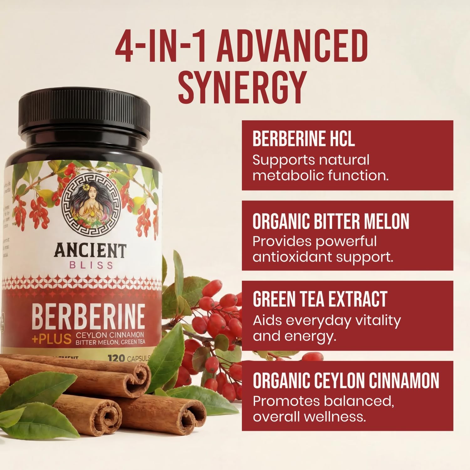Ancient Bliss Berberine HCL 1200mg with Ceylon Cinnamon, Bitter Melon, and Gr…