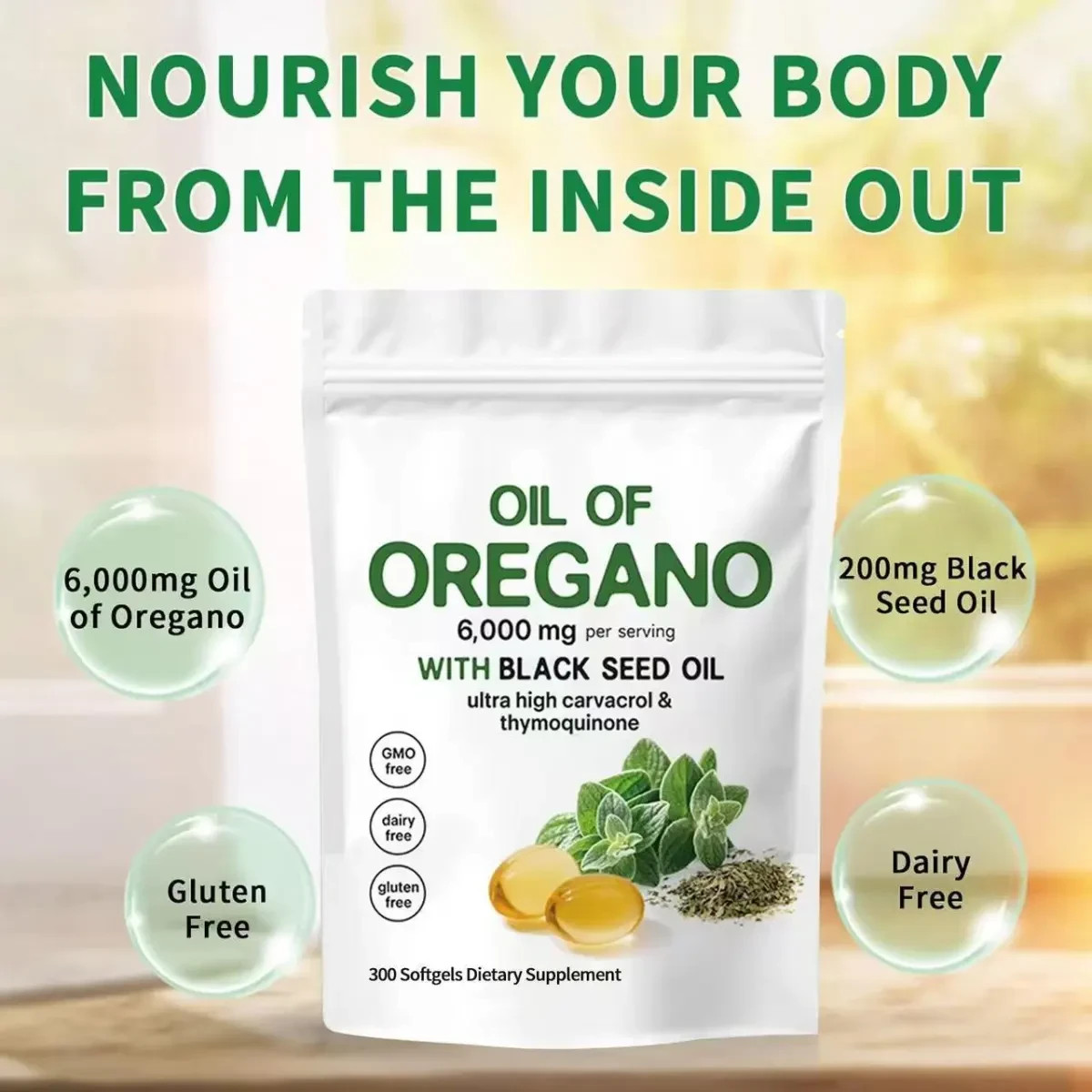Oil of Oregano 6000mg with Black Seed Oil – 300 Softgels 2 in 1 Immune Pack of 2