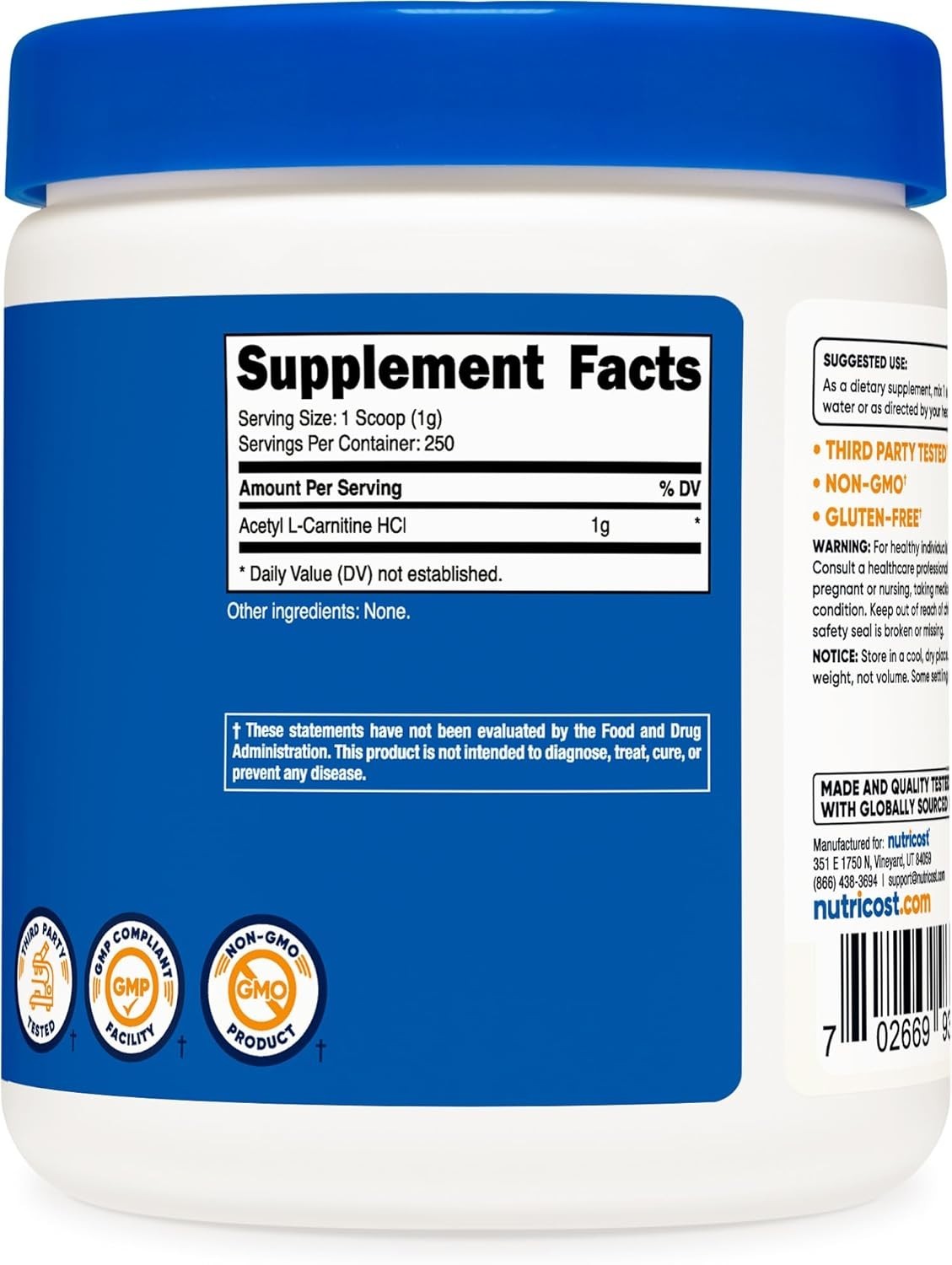 Acetyl L-Carnitine Powder 250g – 1g Serving, Gluten Free, Pure Energy