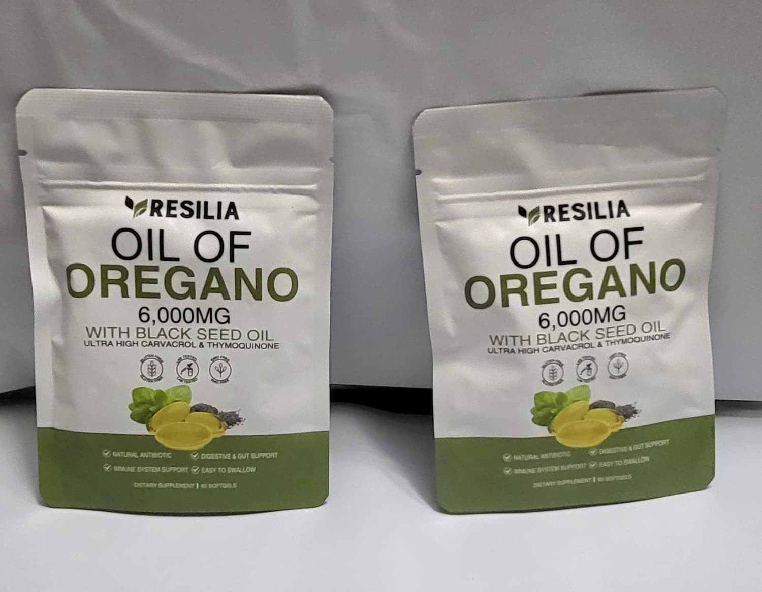 2 Sealed Resilia Oil Of Oregano 6,000 Mg, With Black Seed Oil, 60 Softgels Each