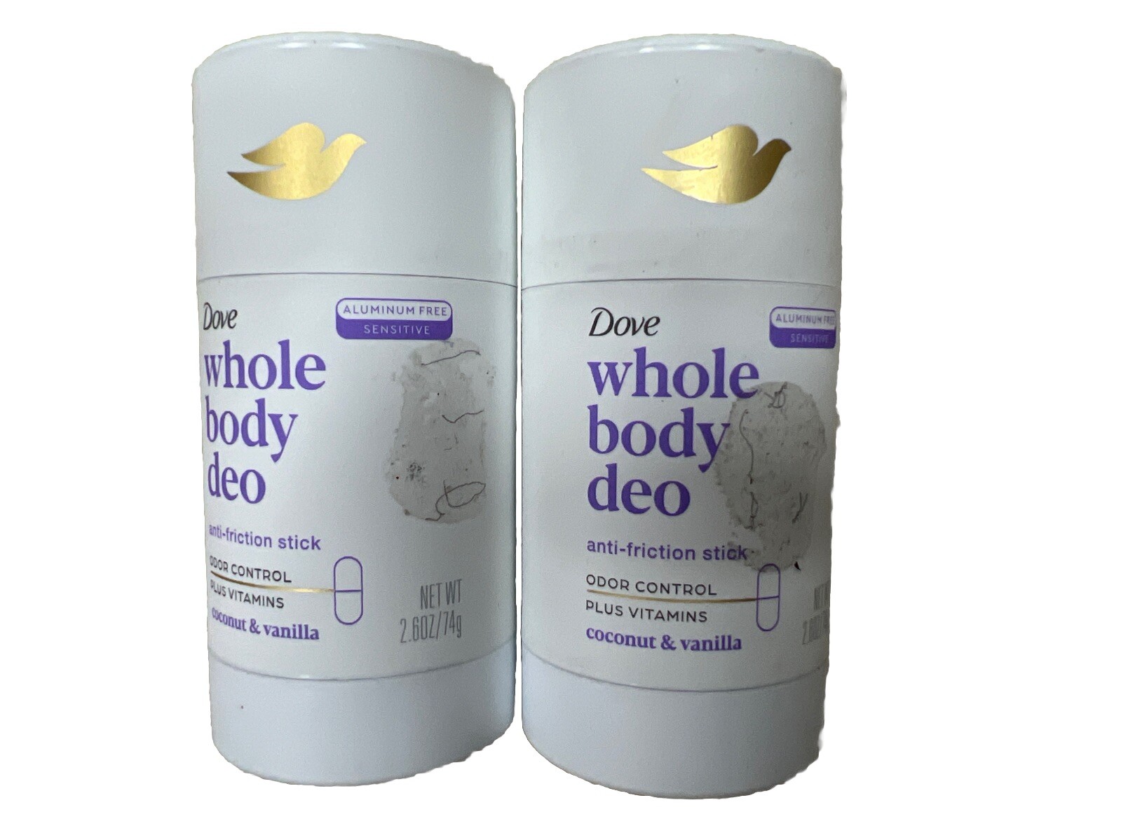 LOT OF 2 Dove Whole Body Deo Aluminum Free Anti-Friction Coconut & Vanilla 2.6oz