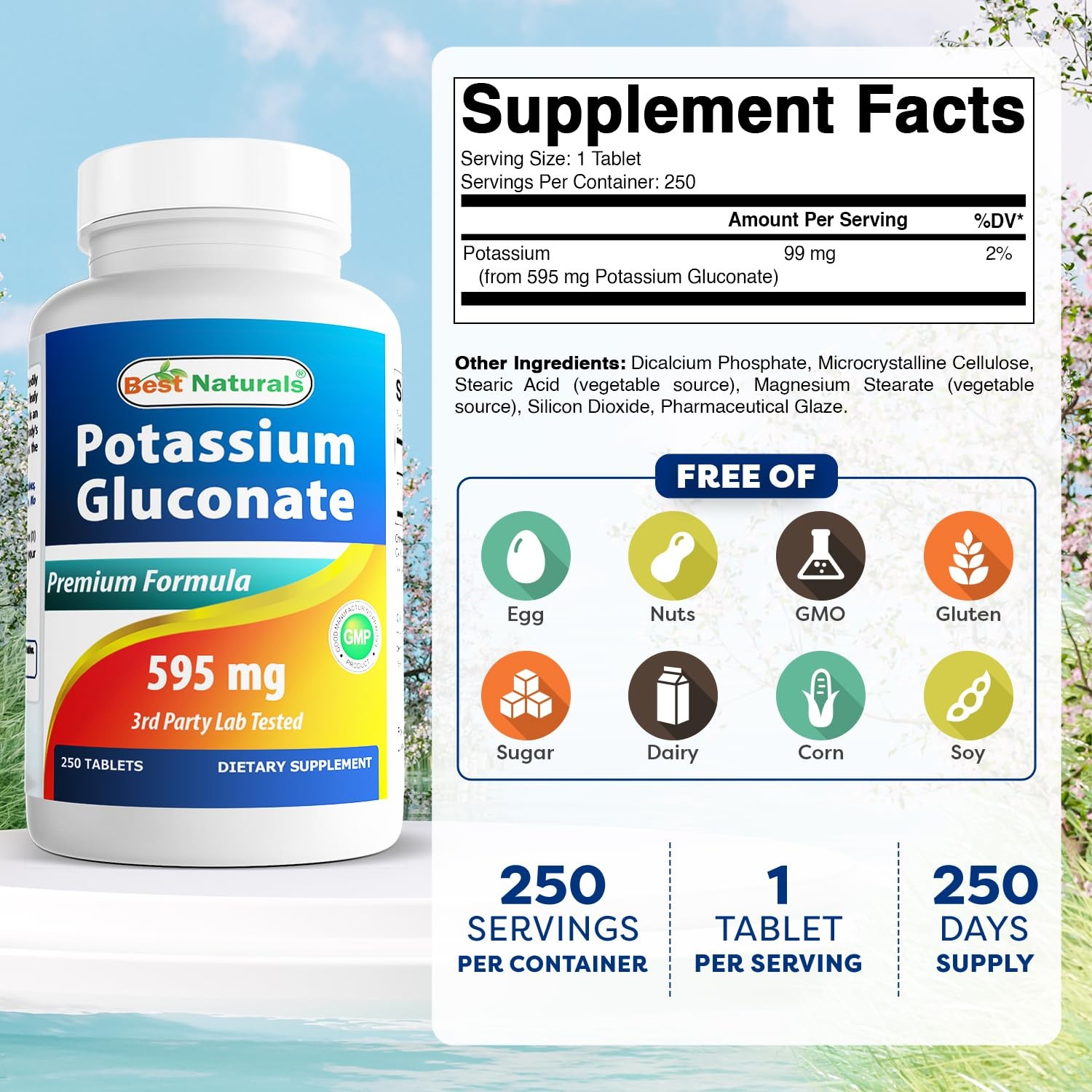 Best Naturals Potassium Gluconate 250 Count (Pack of 1), Original Version