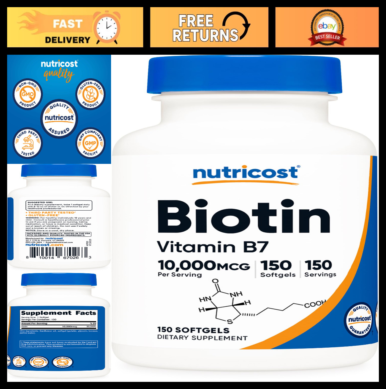 High-Potency Biotin 10,000mcg – 150 Softgels, Gluten-Free, Non-GMO Supplement