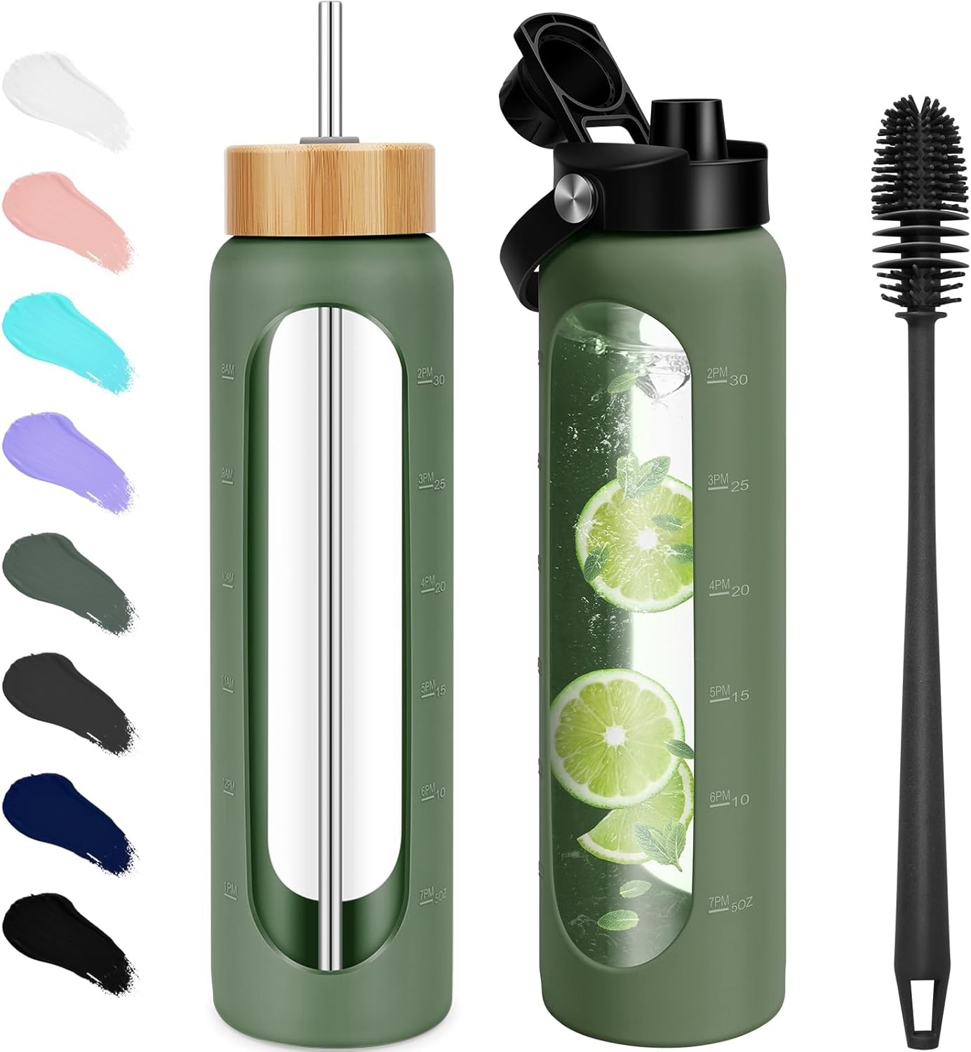 32 oz Glass Water Bottles – 1 Liter Motivational Tumbler 32 Ounces, Olive