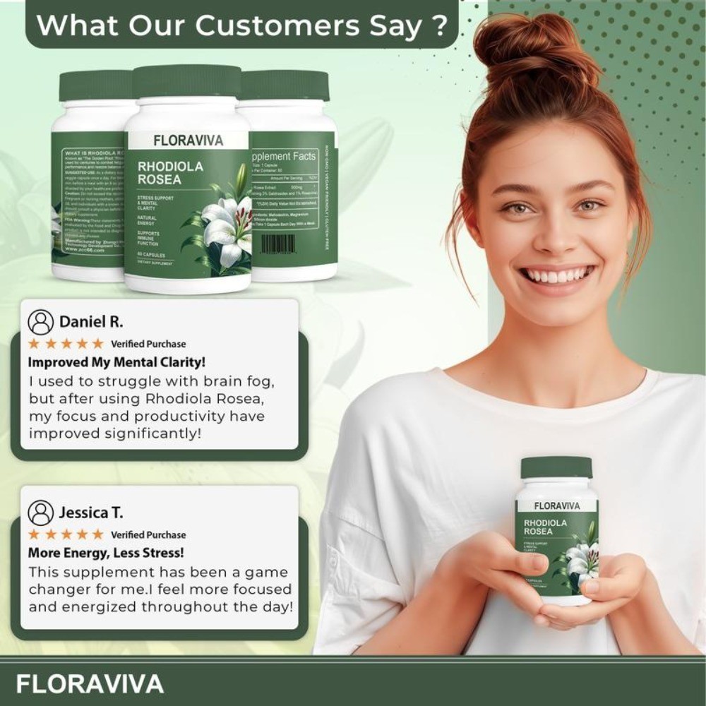 NEW Non-GMO Floraviva Rhodiola Rosea Capsules for Stress Relief & Energy