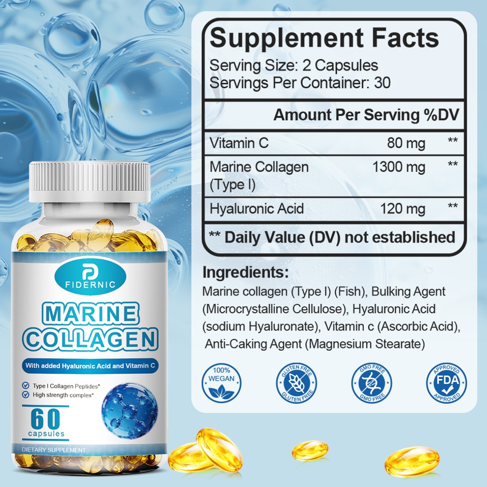 1/2/3 Bottle Marine Collagen Type I Peptides Hyaluronic Acid Vitamin C 60 Count