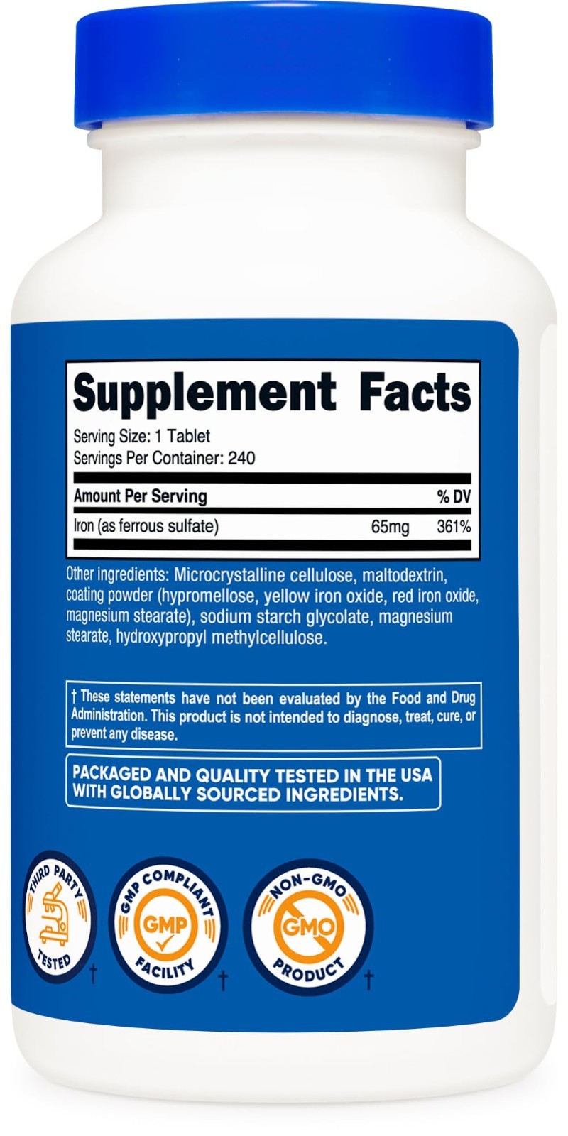 Iron Supplement 65mg (Ferrous Sulfate) – 240 Tablets, Gluten-Free, Non-GMO