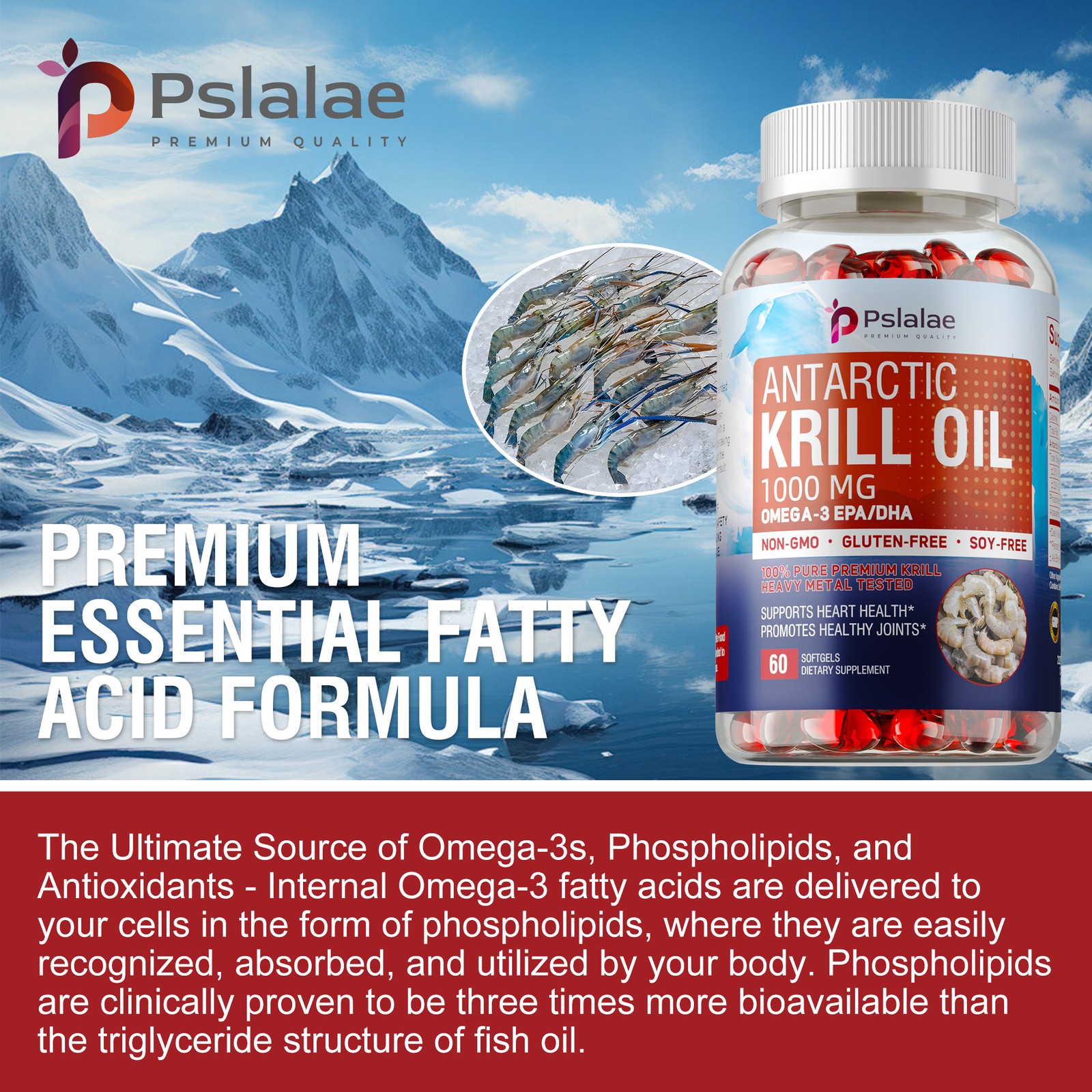 Antarctic Krill Oil 1000mg-Omega-3 EPA,DHA,Astaxanthin,Phospholipids-Brain,Heart