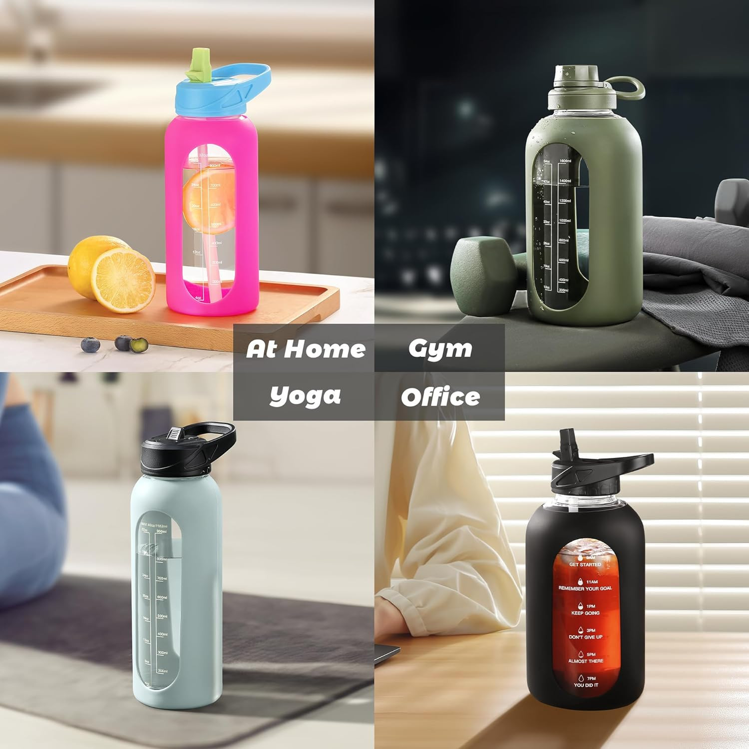 CIVAGO 32 Oz Glass Water Bottle with Straw and Handle, Large Sports Motivational