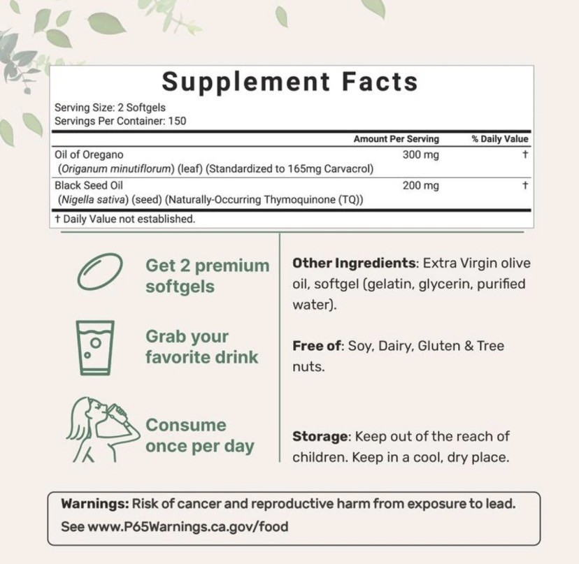 Oil of Oregano Softgels 6000mg with Black Seed Oil, High Carvacrol 300 Count