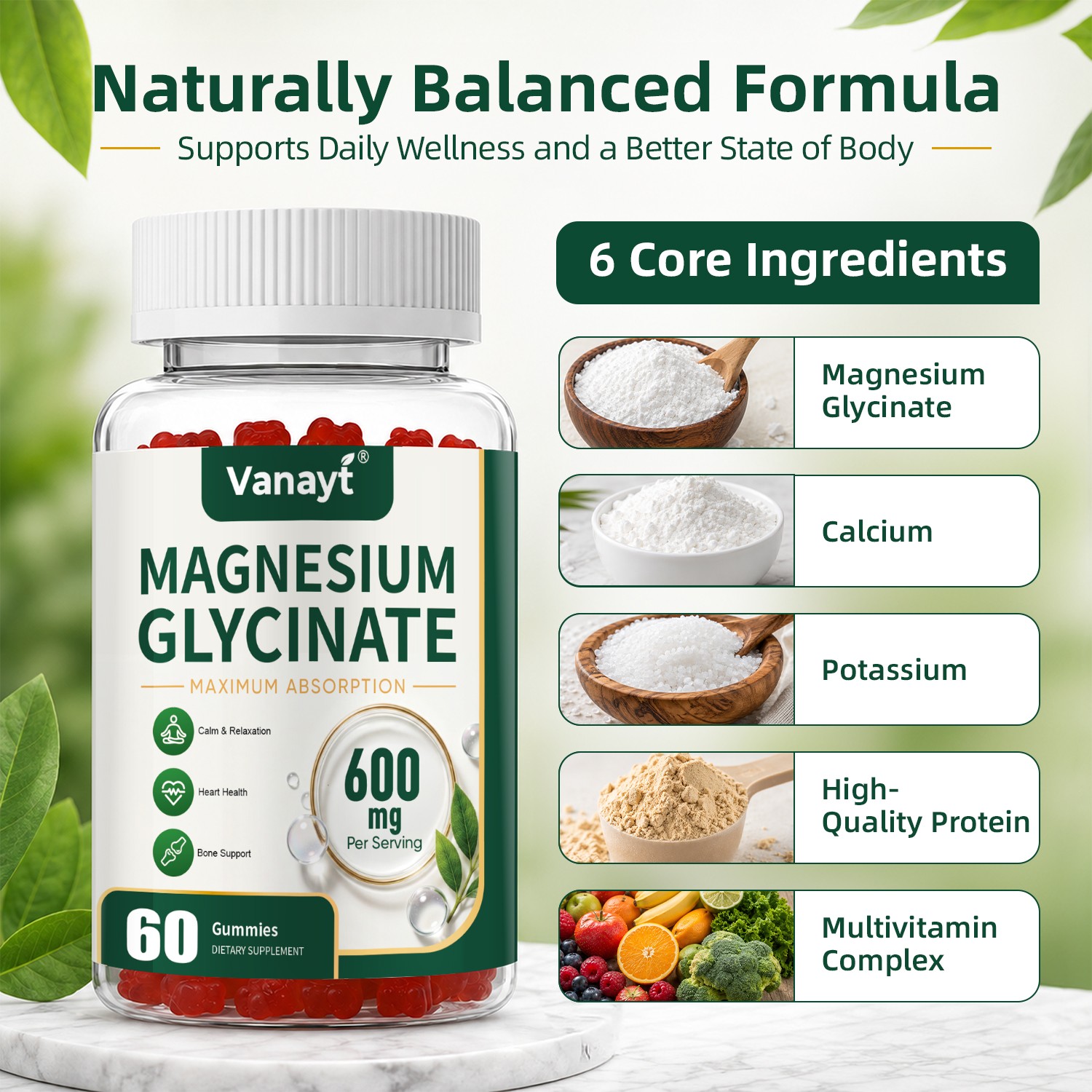 2x Magnesium Glycinate 600mg Advanced Complex 60 Gummy Gluten Free & Non-GMO