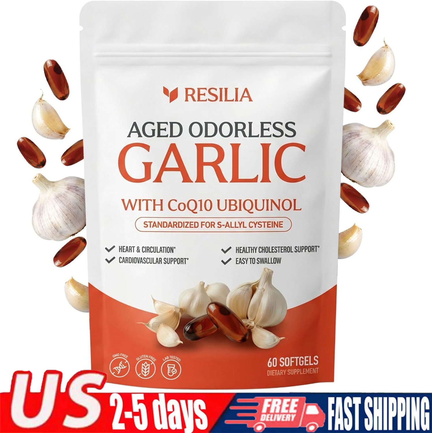 1-5x Resilia Aged Garlic 600 mg Soft Gels (60 Count) Odorless Aged Garlic Extra