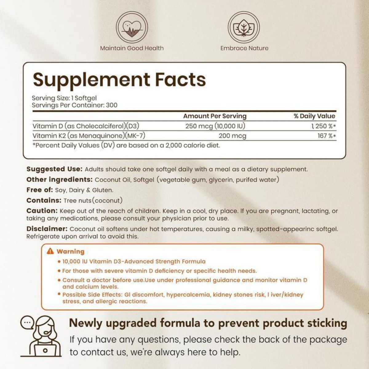 VEV Vitamin D3 K2 10000IU MK7 Coconut Oil Softgels Bone Immune Support 300 ct