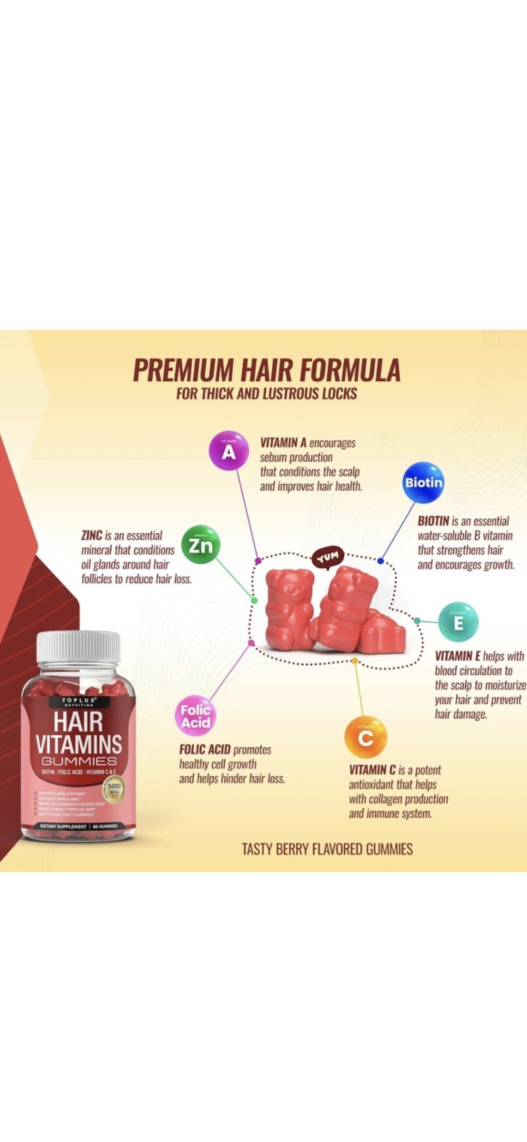 Hair Vitamin Gummies Supplement.Unisex,Hair Growth Vitamins-5000mcg Biotin-60Gum