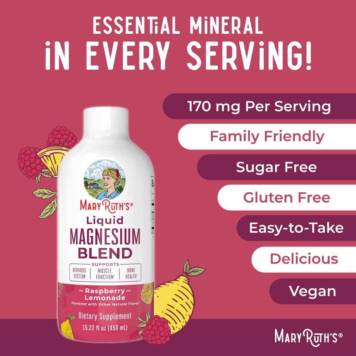 MaryRuth’s Liquid Magnesium Blend – Raspberry Lemonade – 15.22 fl oz